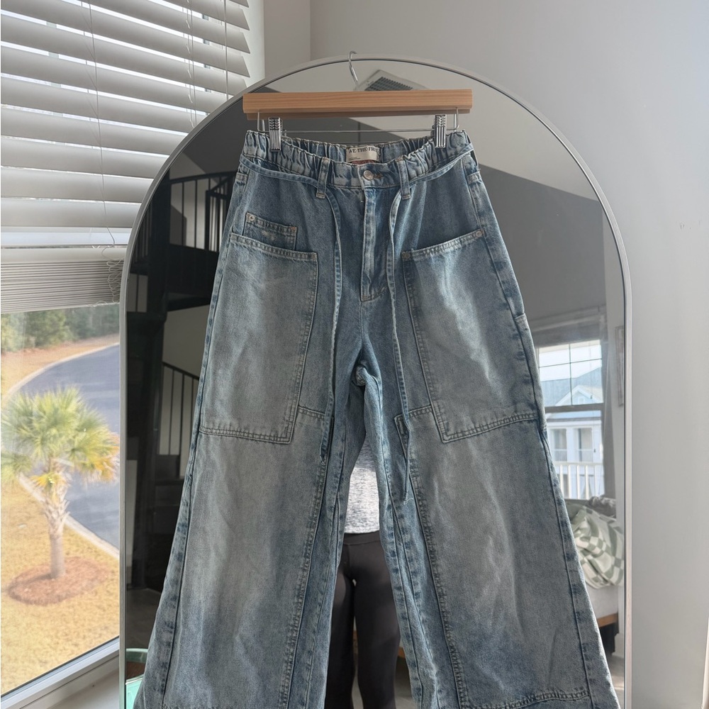 Free People Blue Wide Leg Pull On Jeans